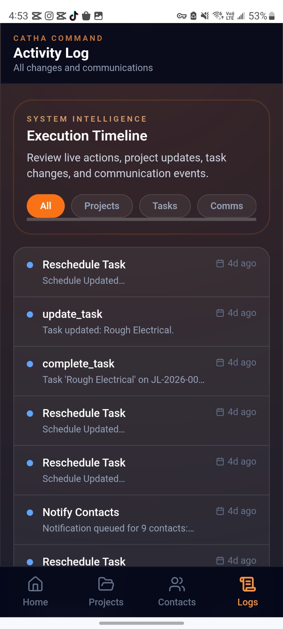 Ja Lite activity log screenshot