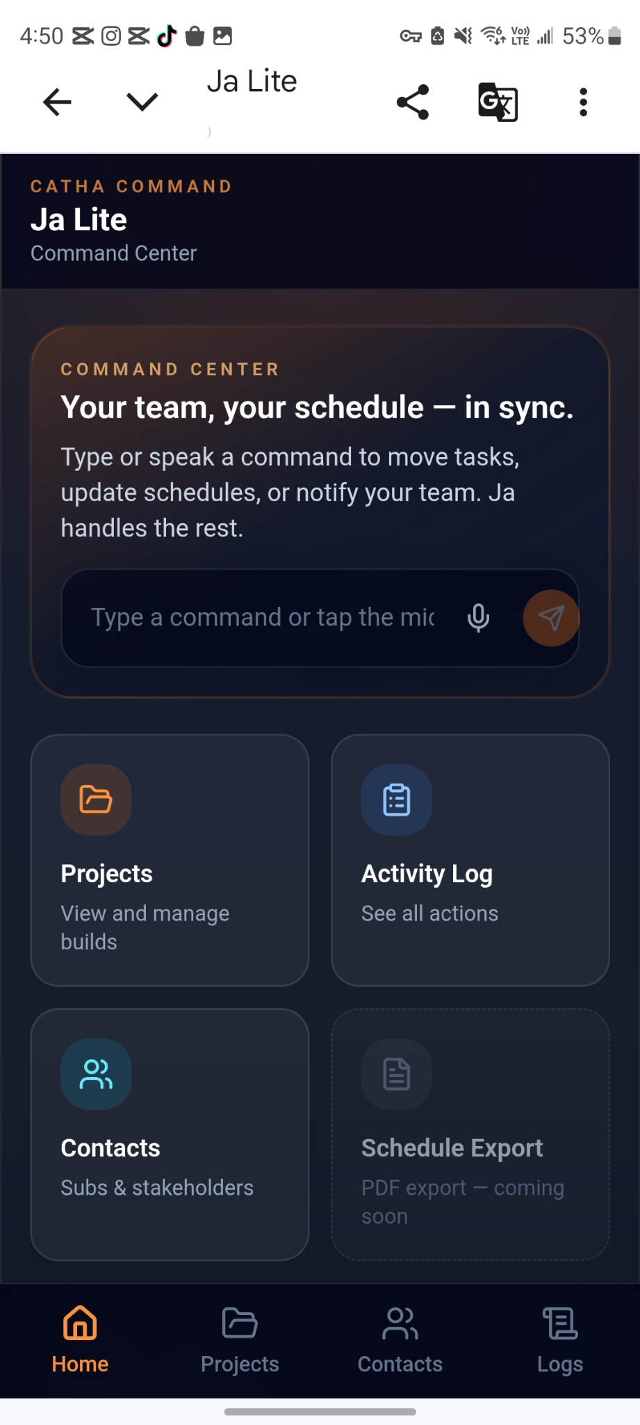 Ja Lite command center screenshot