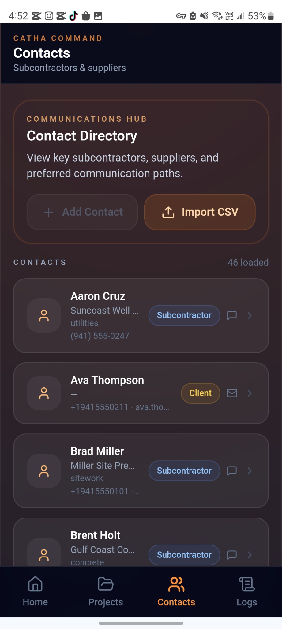 Ja Lite contacts screenshot